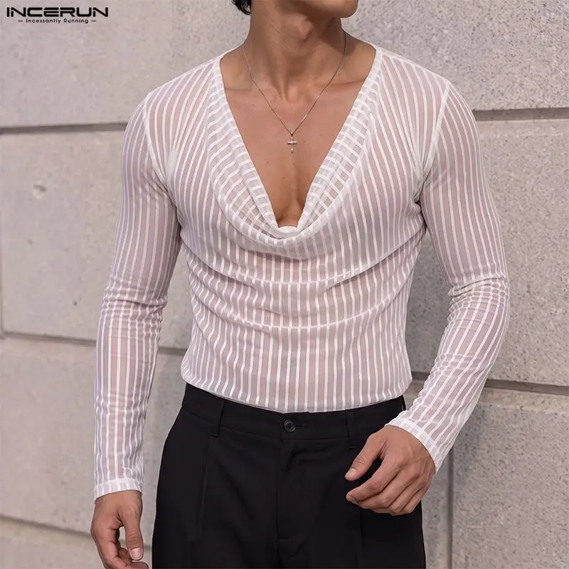 INCERUN Men T Shirt Striped Mesh See Through Long Sleeve Casual Tee Tops For Man Streetwear 2026 Sexy Fashion Party Men Clothes