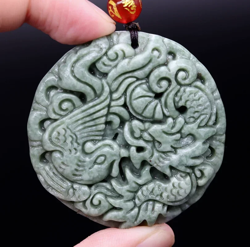 

Chinese Lantian Green Jade Dragon Phoenix Pendant Necklace Jewellery Fashion Lucky Amulet Luck Gifts Women Man Sweater Chain