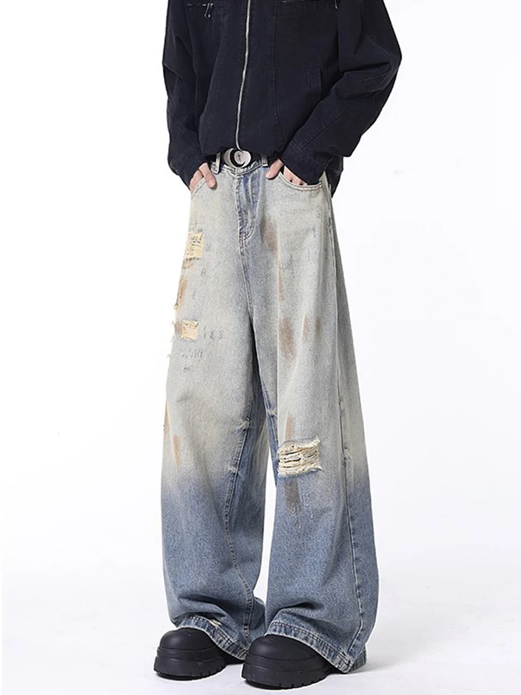 

Мужские джинсы в стиле ретро с эффектом потертости, свободные, прямого кроя, с драпировкой, слегка расклешенные, длиной в пол, из рваного денима