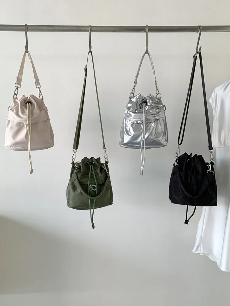 Nylon Casual Shoulder Bag Women's 2024 New Drawstring Pleated Design Bucket Bag Korean Simple Solid Travel Crossbody Bag Female