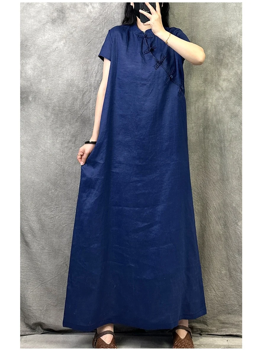 Été nouveau Sle Simple col montant chinois rétro couleur Pure Dr bouton latéral ort Sve femmes traditionnel Co...