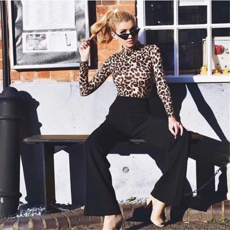 

Весна-Осень High Ne Леопардовый принт Base irt Женские облегающие футболки Модные длинные брюки с высокой талией из полиэфирного волокна