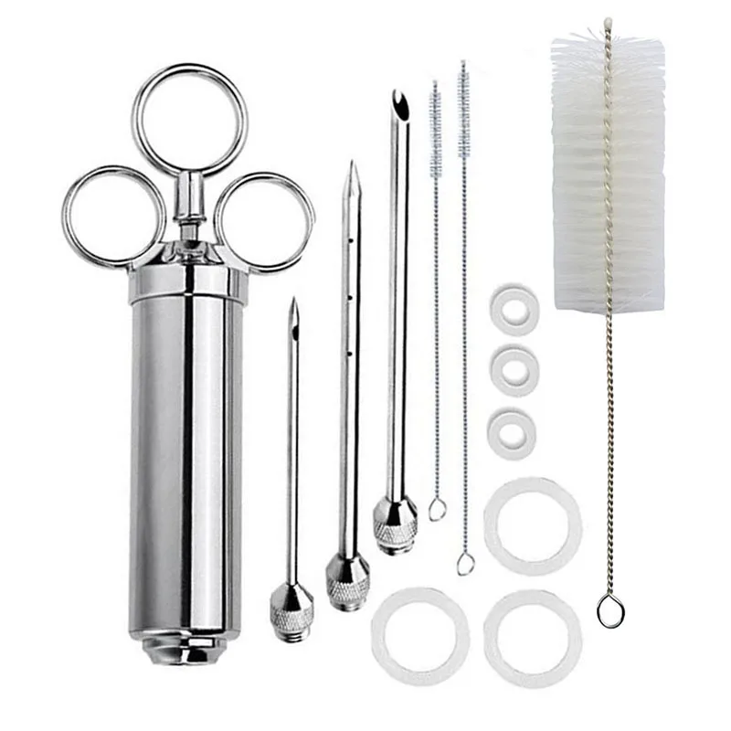 Kit de inyector de adobo de carne de acero inoxidable, parrilla de grado alimenticio, salsa de condimento de barbacoa de pavo, aguja de sabor, jeringa de cocina, accesorio