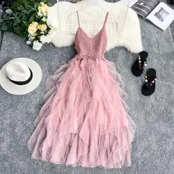 French Elegant Knitted V-neck Open Back Slip Dress Women's Summer Spliced Irregular Design Layer Tulle A-line Cake Dresses