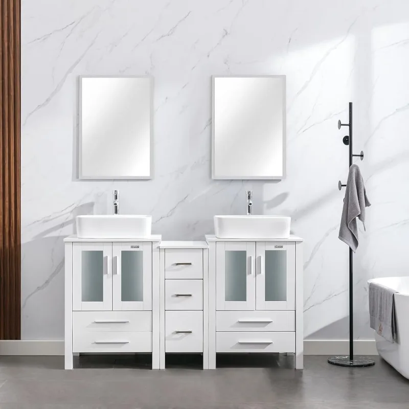 

60" Modern Bathroom Vanity Sink Combo White W/Small Side Cabinet White Rectangle Ceramic Vessel Sink & Water Save Faucet