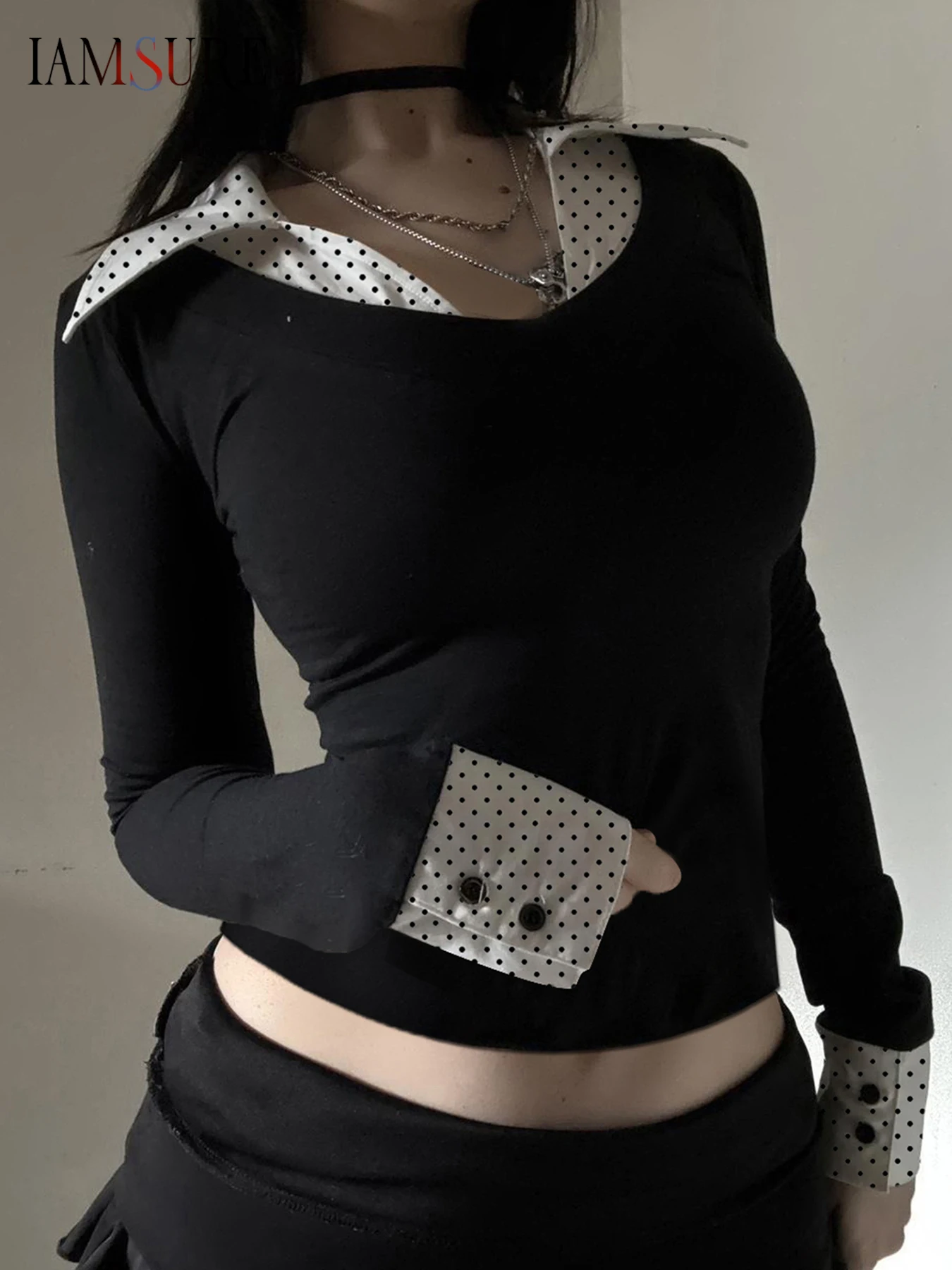 

IAMSURE Casual Patchwork Dot Printed Fake 2 Piece Slim Turn-Down Collar Long Sleeve Tees Women 2025 Autumn Spring Fashion Lady