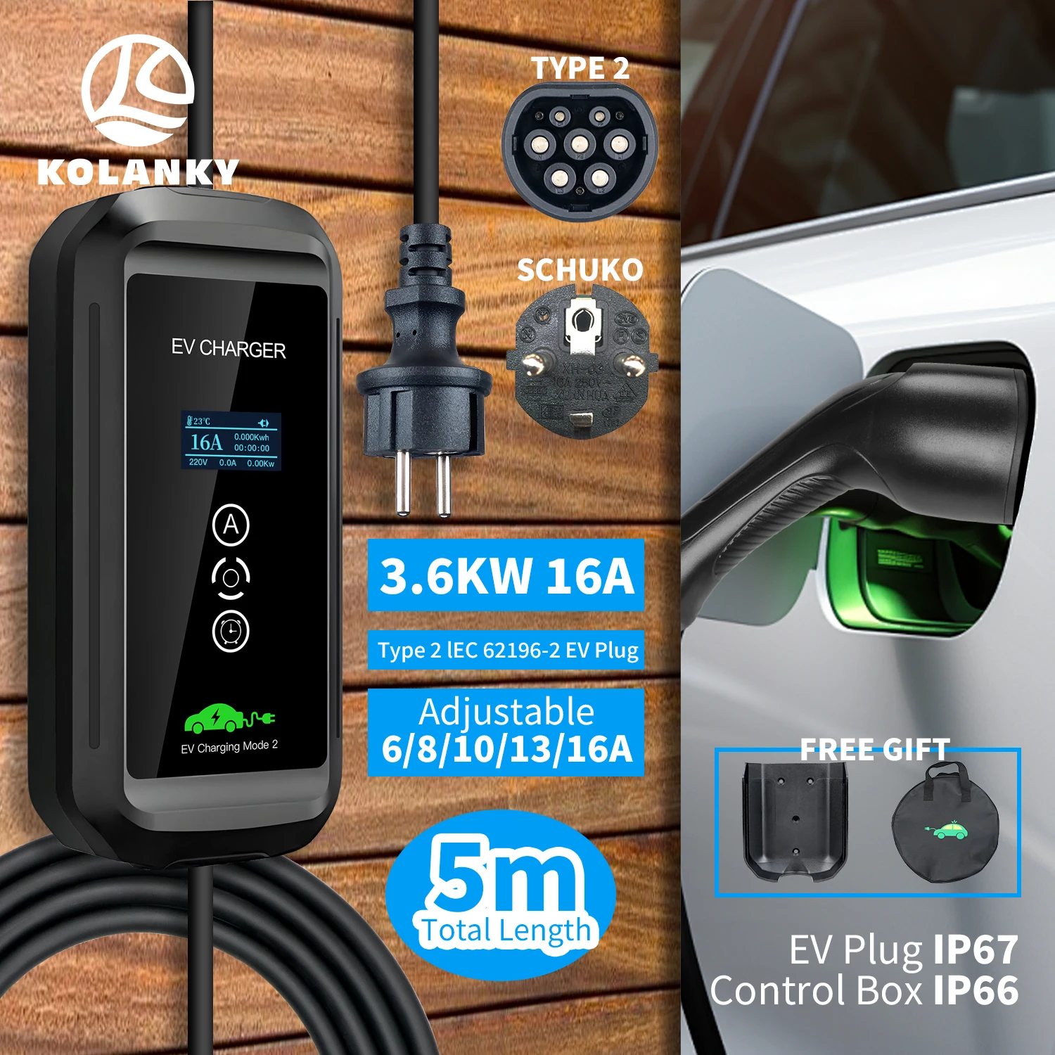 Kolanky 3.6KW التيار المتناوب شاحن سيارات كهربائية محمول Type2 IEC 62196 موصل قابس 16A 1 المرحلة محطة شحن صندوق الحائط للمركبات الكهربائية #1