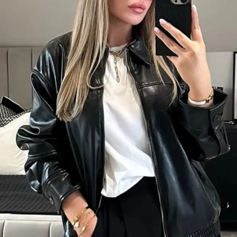 

Vintage Leather Jackets Coat Full Sleeve Laple Zipper Women's Pockets Female Jacket Spring Fashion New Lady Streetwears