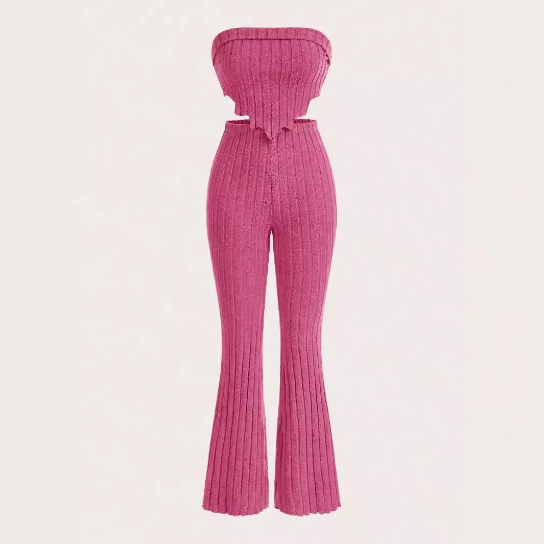 Autumn 2024 New European and American Striped Rib Wrap Chest Horn Trousers Two-Piece Pit Casual suit Commuter suit