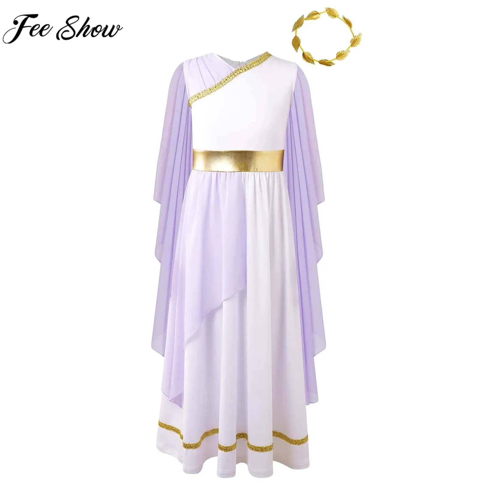 Children Girls Ancient Greek Roman Toga Dress with Garland Goddesses Princess Beauty Cosplay Costume for Halloween Carnival