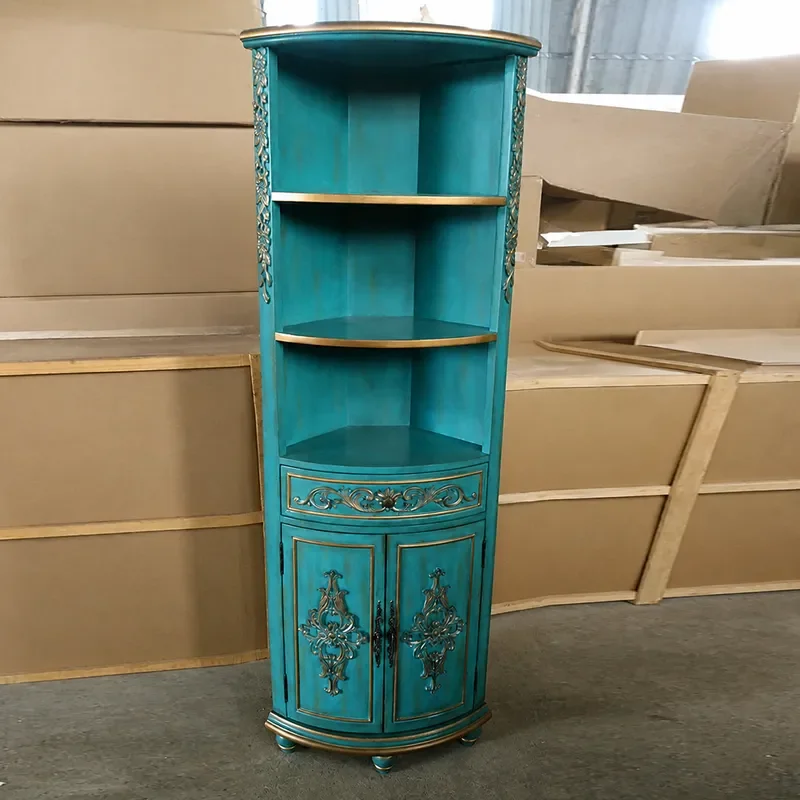 90 Degree Right Angle Triangle Corner Cabinet Retro Old Gold Blue Wine Storage Display Shelf Wholesale Home Furniture