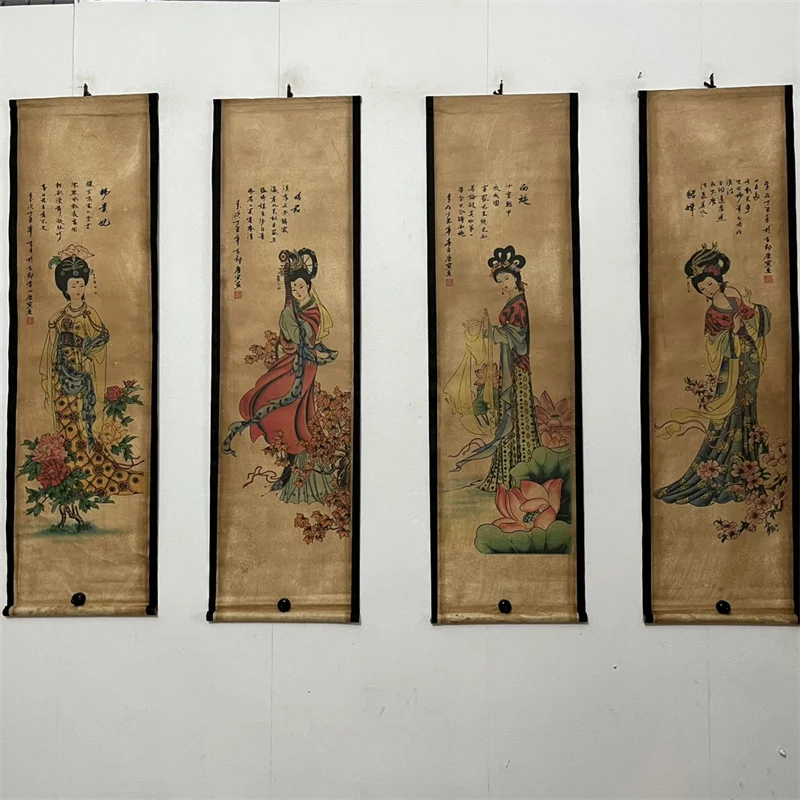 China old Celebrity Tang Yin's Four Beauties Painting - Traditional Four Screen Scroll Decorative Artwork for Home Or Office