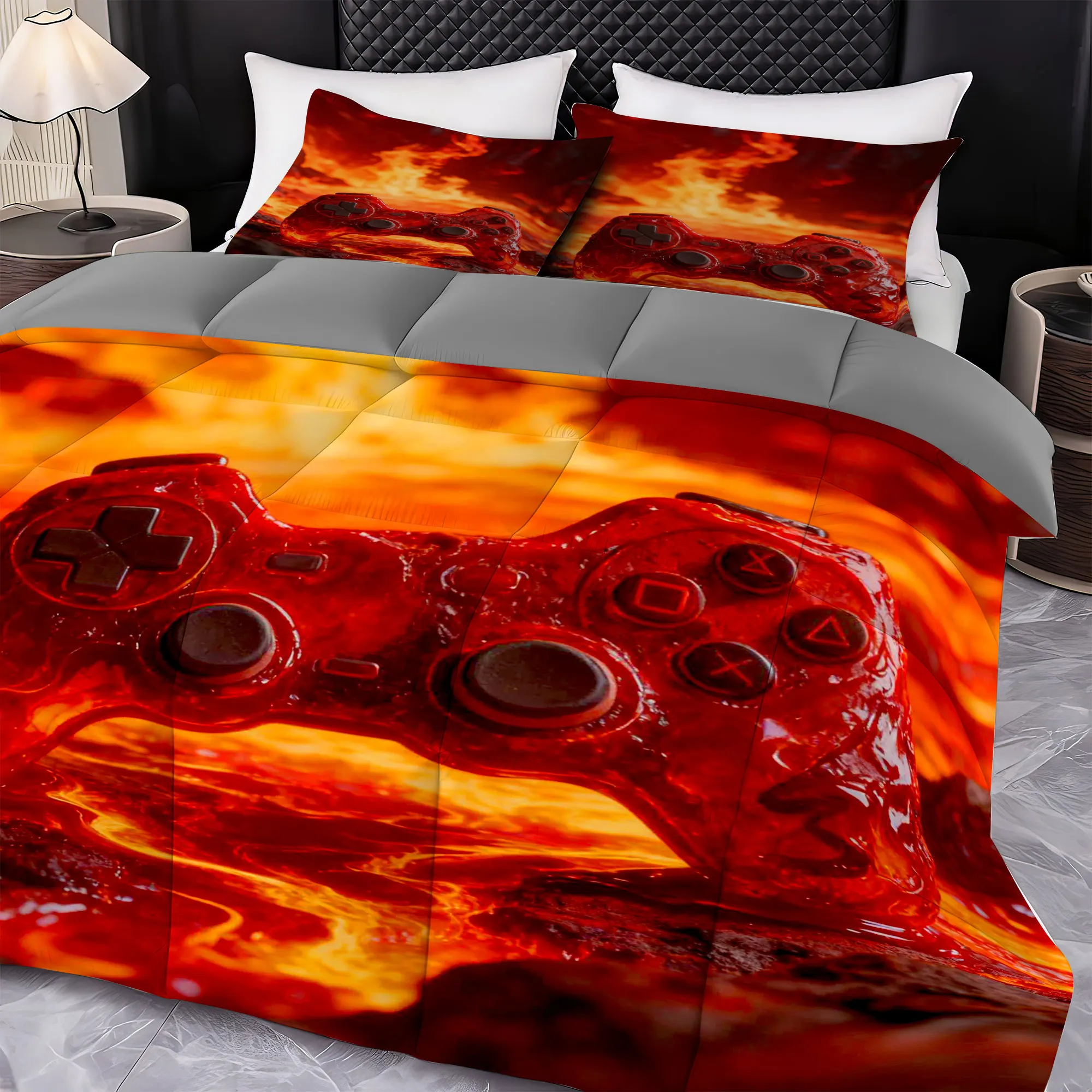 طقم سرير لحاف ألعاب مكون من 3 قطع - قطعة واحدة + 2 قطعة سادات ناعمة قابلة للتنفس للديكور المنزلي (Gamepad 02)