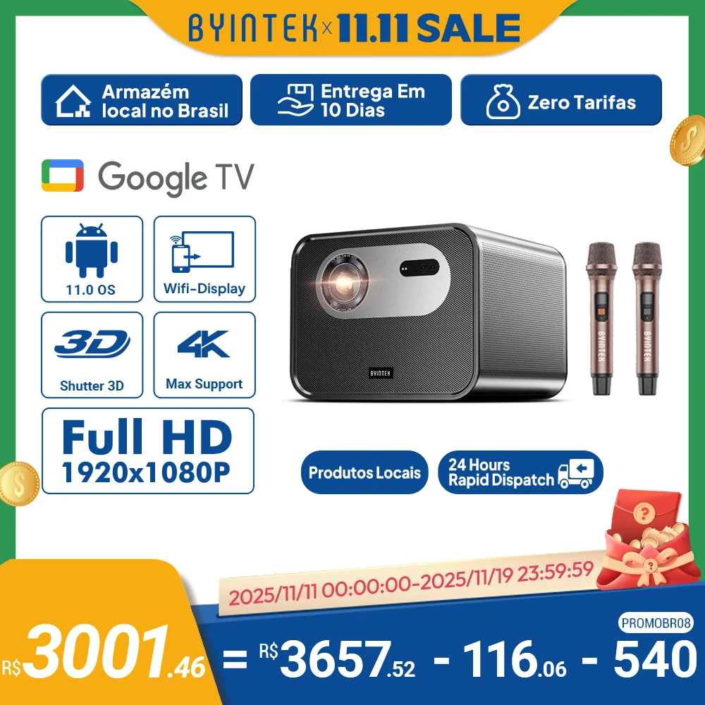

BYINTEK R90 Max Full HD 1080P Projector 4K DLP 2200 ANSI Lumens Android TV 11.0 3D 4K Supported Smart Home Theater Projector