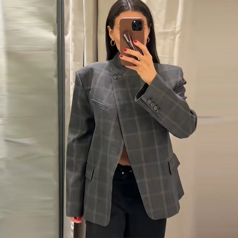 

Винтажный серый клетчатый пиджак, женский пиджак с воротником-стойкой и длинными рукавами, повседневная эстетичная офисная одежда в британском стиле, 2026, новое пальто