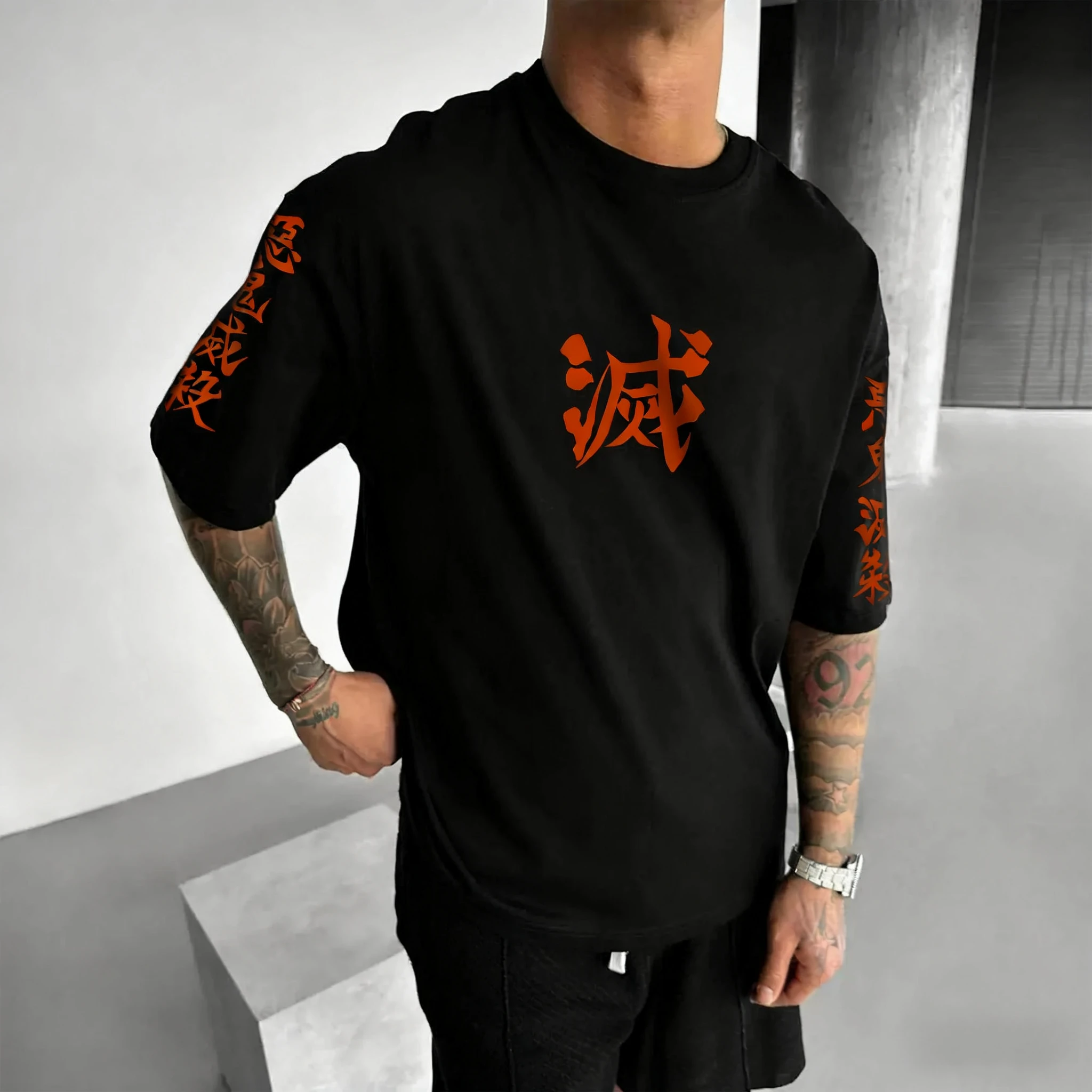 Demon Slayer Halloween Collaboration T-shirt Men's Autumn and Winter New Anime Printed Harajuku Casual Loose Short Sleeved Top