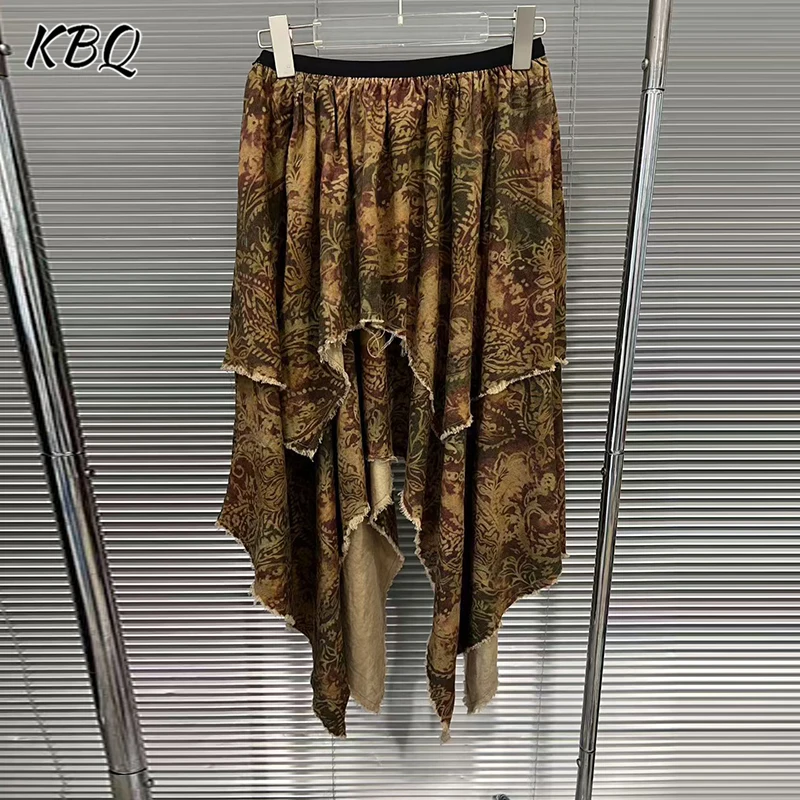 

KBQ Printing Loose Irregular Hem Long Skirts for Women High Waist Temperament Design Sense Skirts Female Fashion Autumn Style