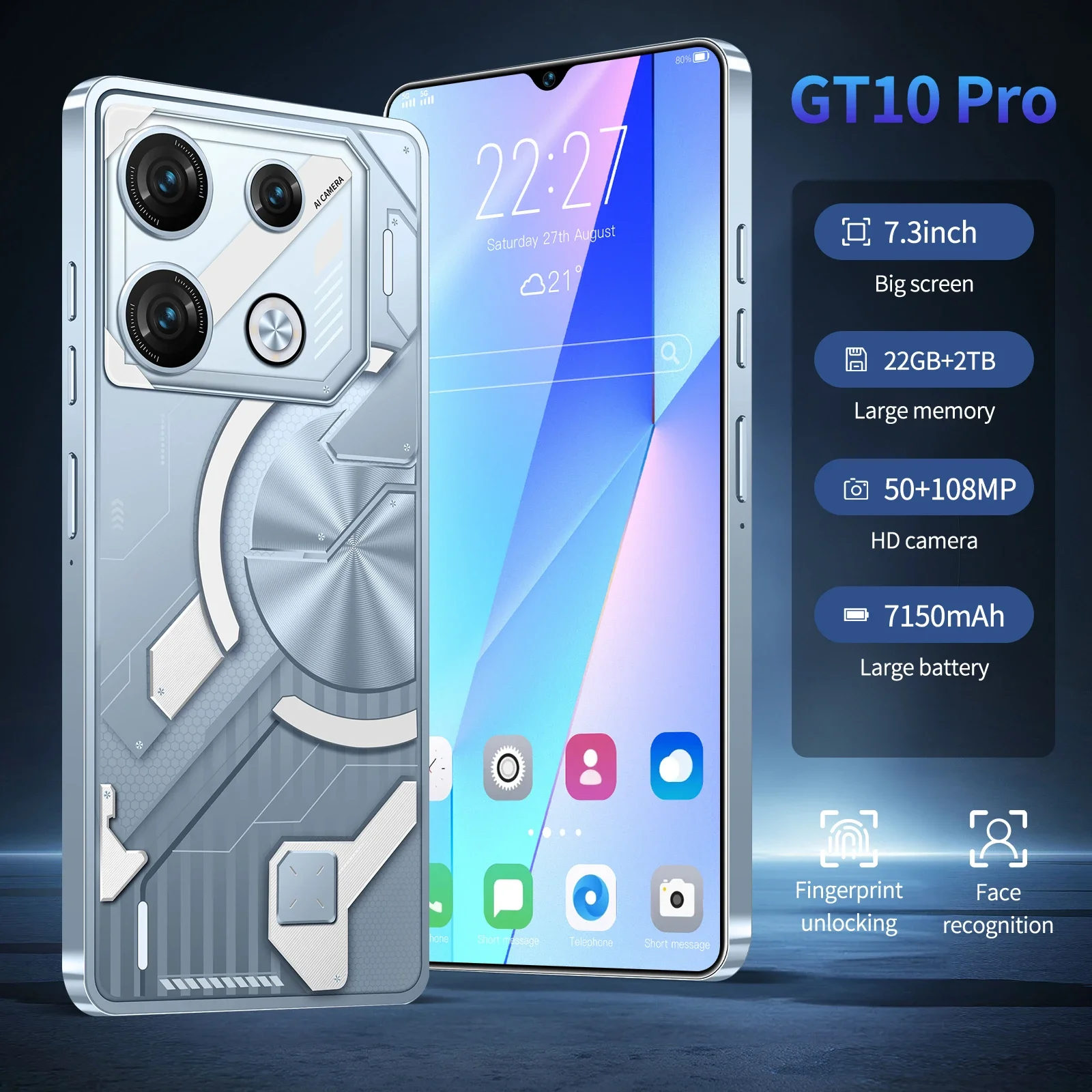 

Global VER GT10 Pro 5G Smart Phone Deca-Core 16GB+1TB 7.3 Inch Smart Phones NFC Android13 Mobile Phone 8800mAh Battery Face LD