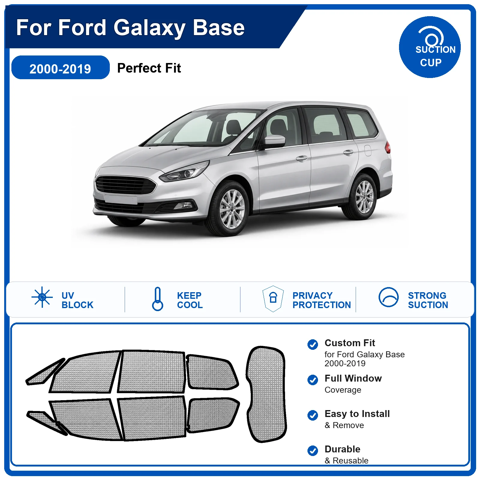 Image of Für Ford Galaxy Base 2000-2019, maßgeschneiderter kompletter Windschutzscheiben-Sonnenschutz aus Aluminiumfolie, Wärmeisolierung, Anti-UV, faltbar