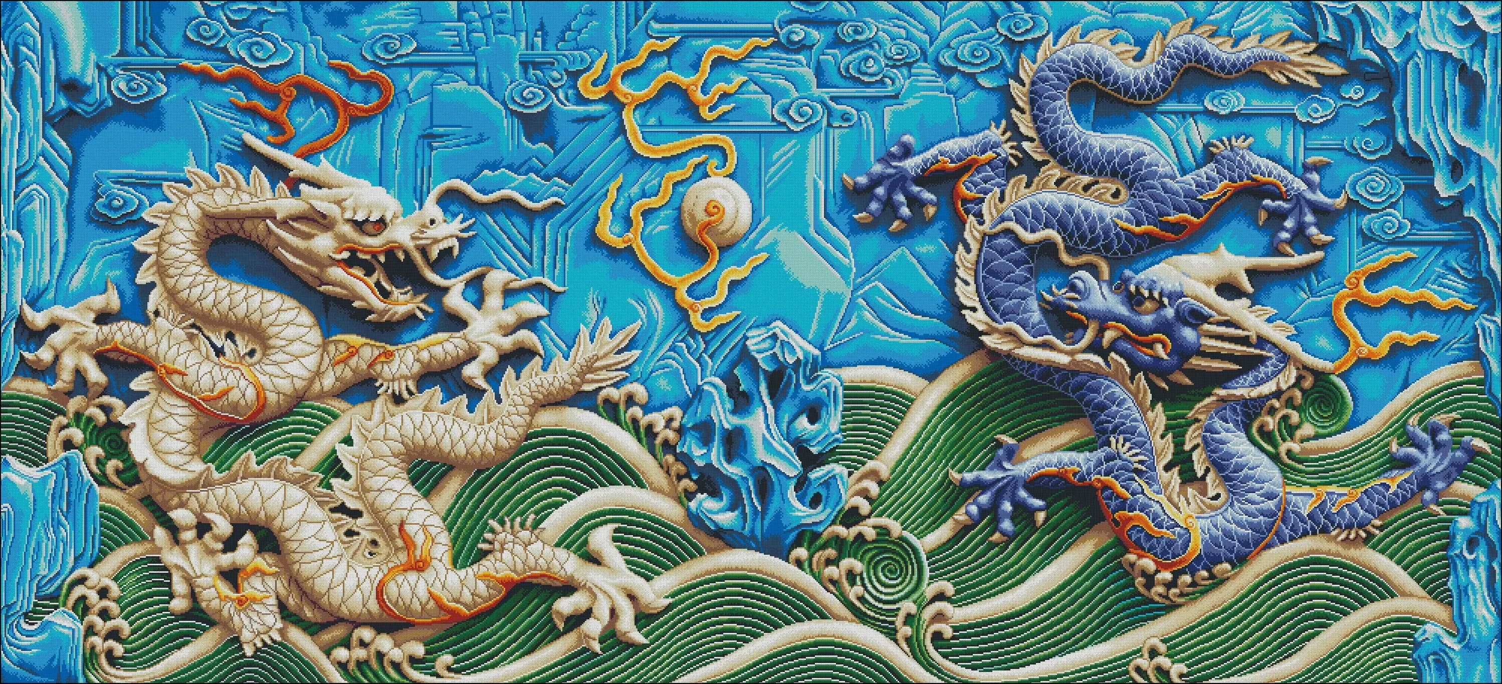 [ZZ4095-Double Dragon Wall]11CT 14CT 16CT DIY Stamped Cross Stitch Kit with Printed Canvas and Cotton Threads Embroidery Needlew