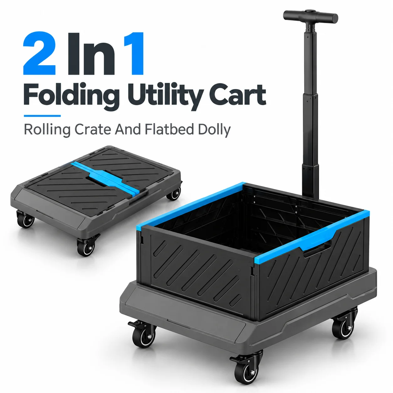 AOLIVIYAa 2 In 1 Folding Utility Cart Collapsible Rolling Storage Crate With Wheels Flatbed Dolly Shopping Trolley For Groceries
