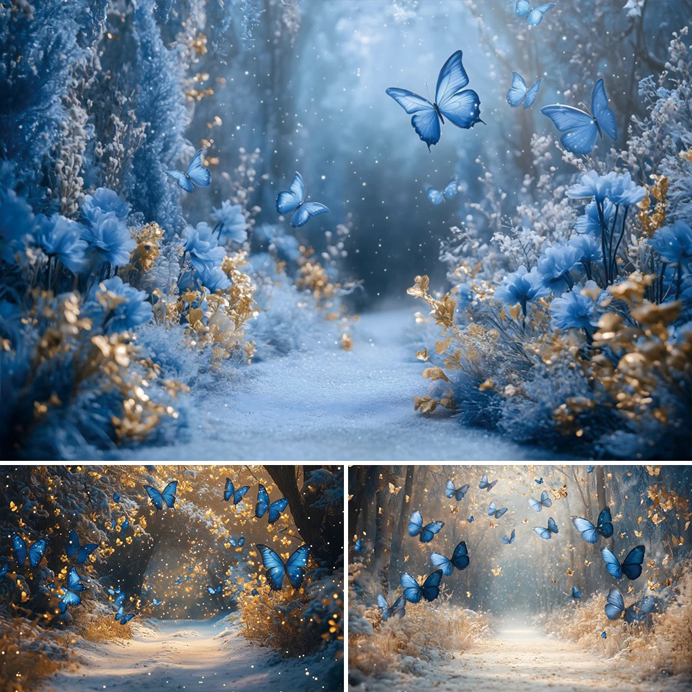 

Blue Butterfly Blossom Floral Photography Background Winter Snowy Paths Forest for Baby Shower Birthday Portrait Photo Backdrop