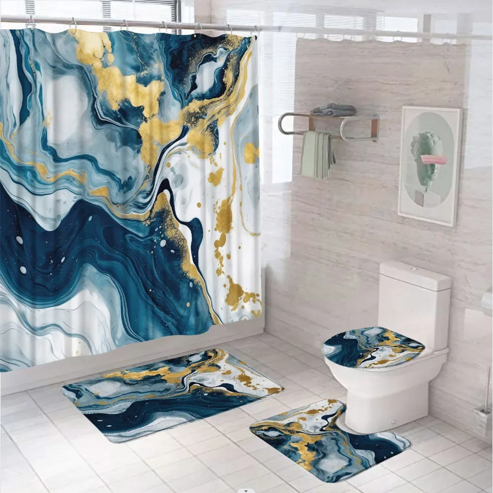 Blue Marble Shower Curtain Set Toilet Lid Cover Non-Slip Rug Luxury Gold Marbling 4Pcs Modern Abstract Bathroom Curtains 12 Hook