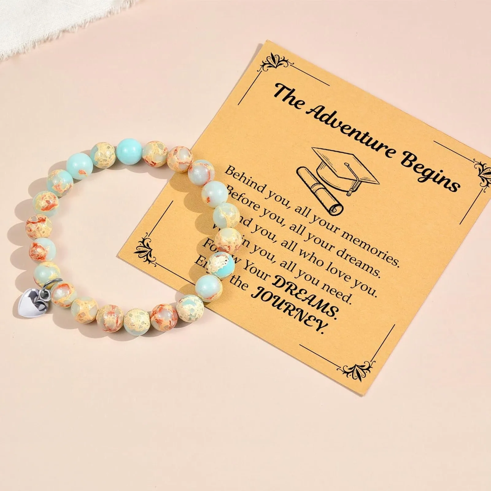 Inspirational Bracelet Adventure Begins Graduation Gift Beaded Jewelry Follow Your Dreams Charm Blue Marble Wristband Adventure