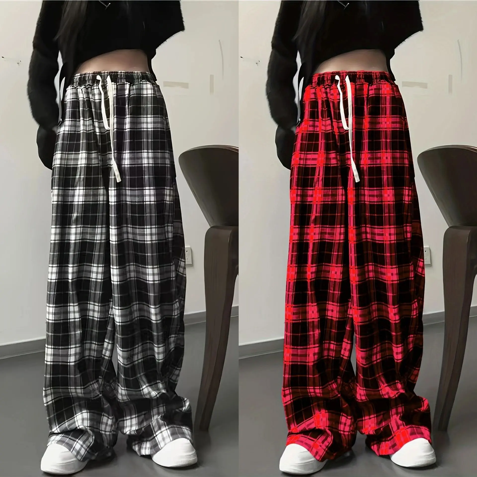 Casual Women's Pants 2024 High Waisted Hanging Straight Leg Pants Loose Casual Street Plaid Women's Pants Pantalon Mujer Spodnie