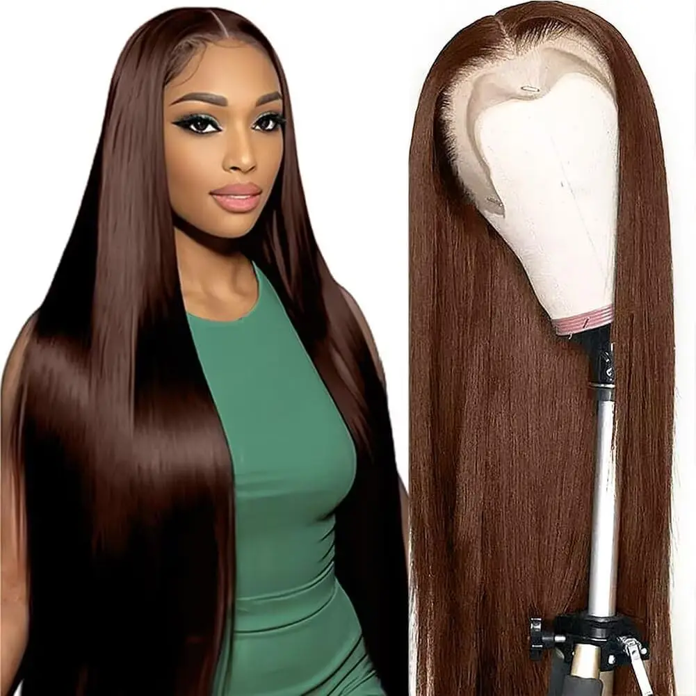 

13x6 Chocolate Brown Lace Frontal Wig Human Hair Bone Straight 40 30 Inch Reddish Brown Colored Wig #4 Brazilian Hair Preplucked