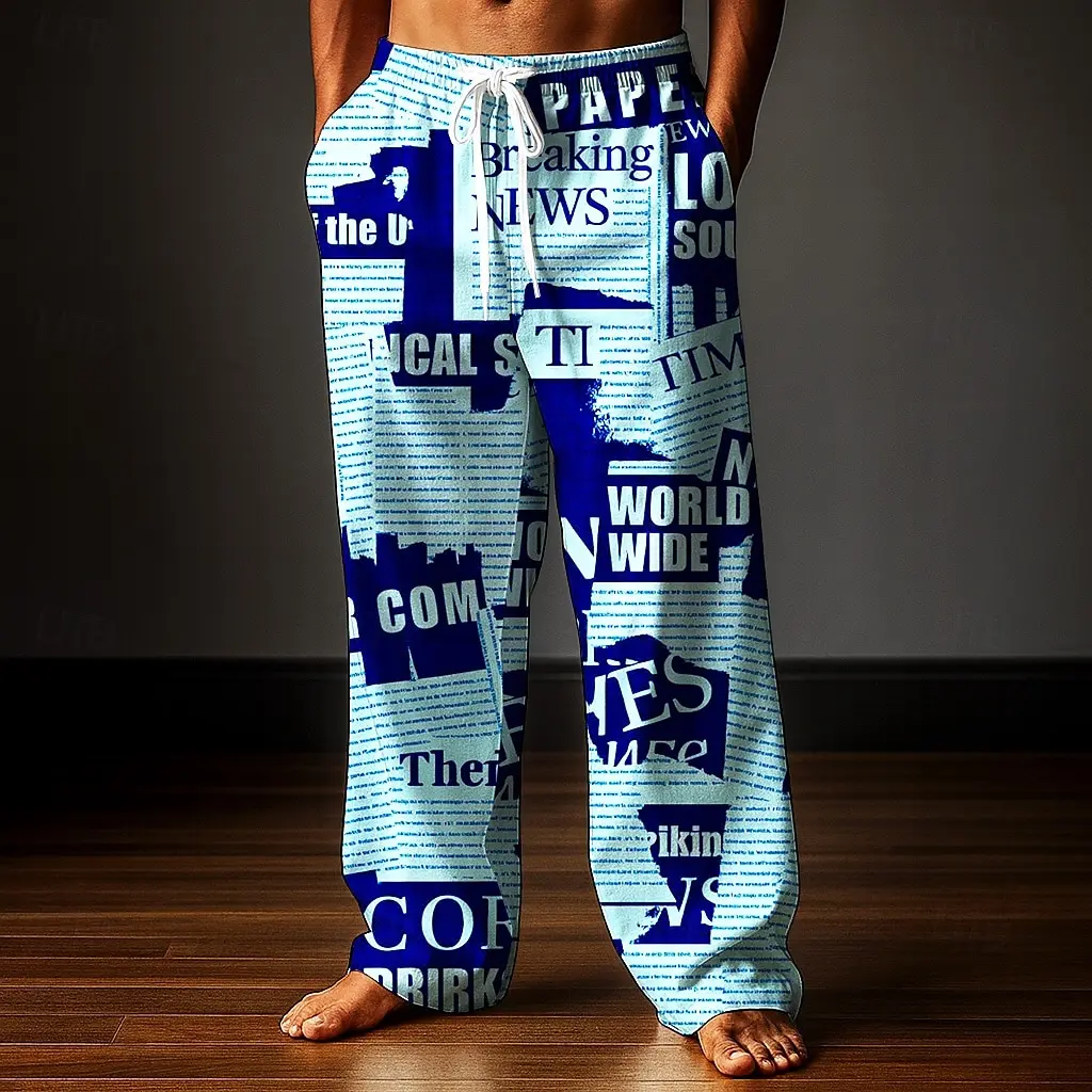 2026 Men's Newspaper Letter Print Trousers Baggy Pants Casual Pants Mid Waist Elastic Drawstring Waist Pants Streetwear Fall