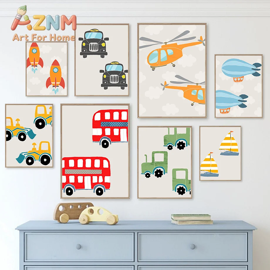 Modern Nordic Style Canvas Print Painting Poster Cartoon Car Bus  Airplane Children Wall Picture Art Studio Kids Room Home De