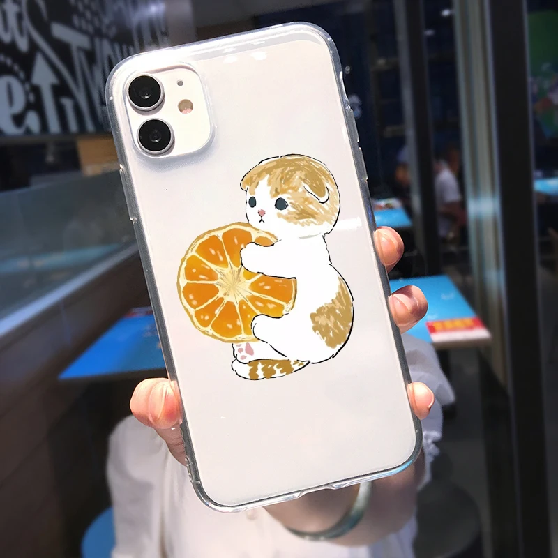 Funny Cat with Fruits Phone Case For iPhone 16 15 14 13 12 11 Pro XS MAX 7 XR 8 7 Plus Clear Cover Fundas