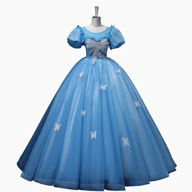 bubble sleeve blue bowknot beading butterfly court medieval dress renaissance Gown queen Victorian /Marie/ Belle Ball/ball gown