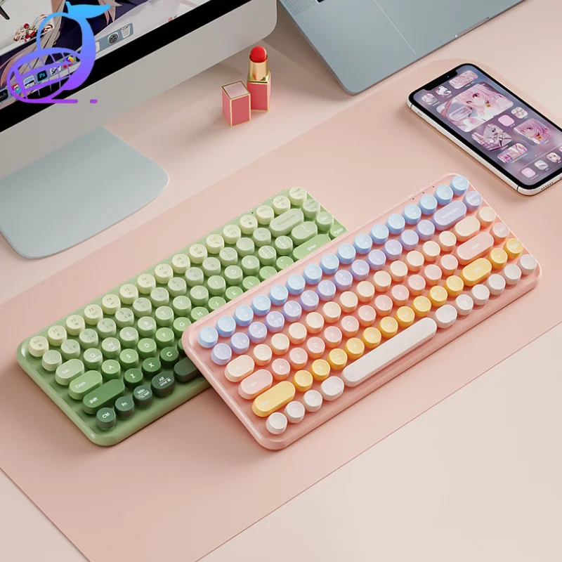 

Bluetooth Wireless Dual-mode Keyboard Charging Round Keycap Tone Key 85- Key English Ver Lightweight Portable Cute Macaron Color