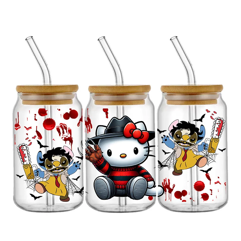 Miniso Hello Kitty Scary 16OZ UV DTF Cup Wraps Transfer Sticker Voor Glas Libbey Kan Fles Zelfklevend Wasbaar DIY Halloween