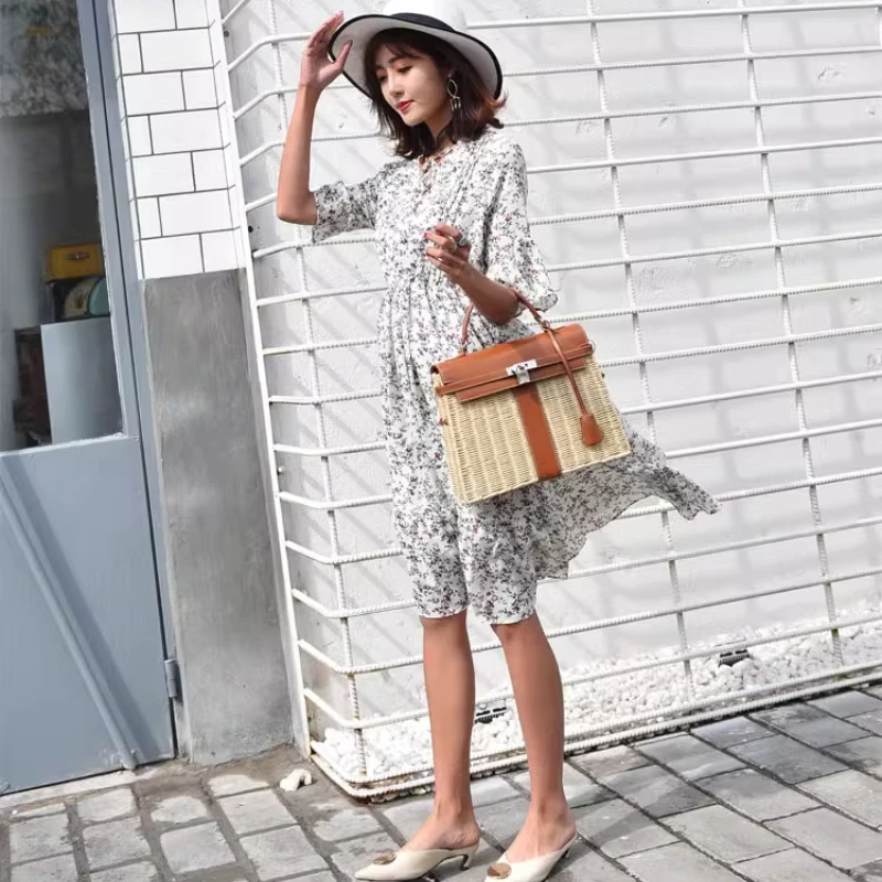 

European and American Fashion Women's Hand Bags PU Handmade Rattan Weaving Summer Beach Bags for Women Messenger Storage Bags