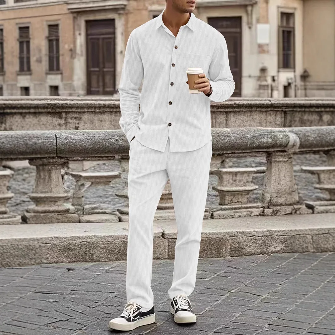 2025 new corduroy men's spring and autumn casual collar button up shirt long sleeved pants set