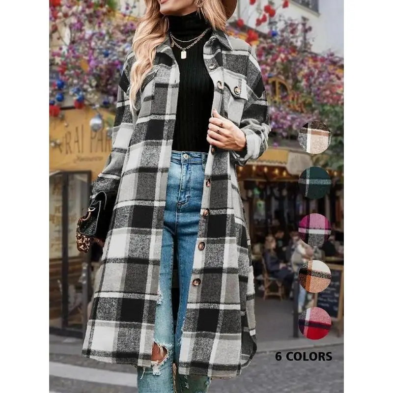 Women's Colorblock Plaid Print Button Front Drop Shoulder Coat Spring 2026 Mid-aged Fashion Other Material 100% No Hat