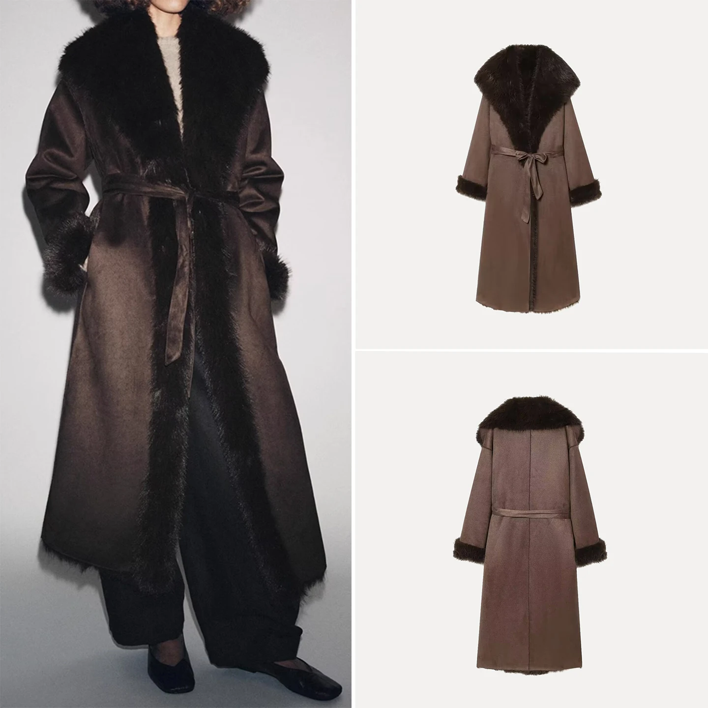

Faionable Artificial Fur Effect Belted Coat Outerwear Long Sve Long Length Other Material 00% Autumn New Women's Wear