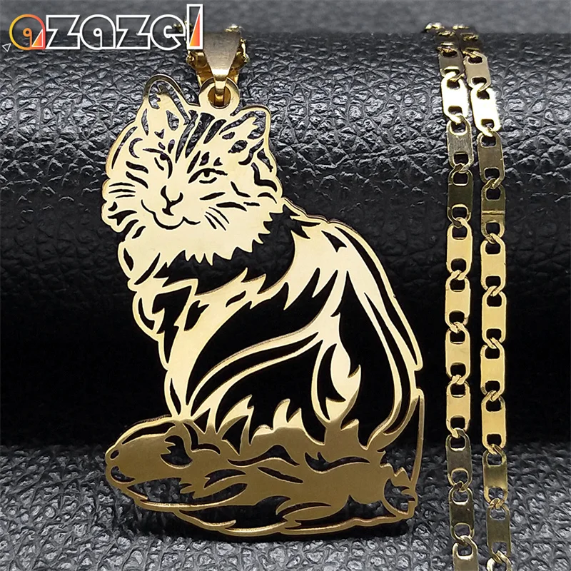 Cat Pendant Necklace for Women Men Cute Animal Stainless Steel Gold Color Cats Hollow Necklaces Pet Lovers Jewelry Gifts N3213