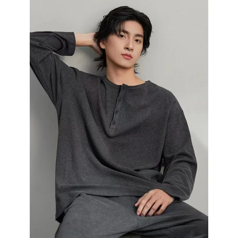 Men High Grade Cotton Pajama Set Henley Collar Long Sleeve Loose Plus Size Wearable Loungewear for Spring Autumn