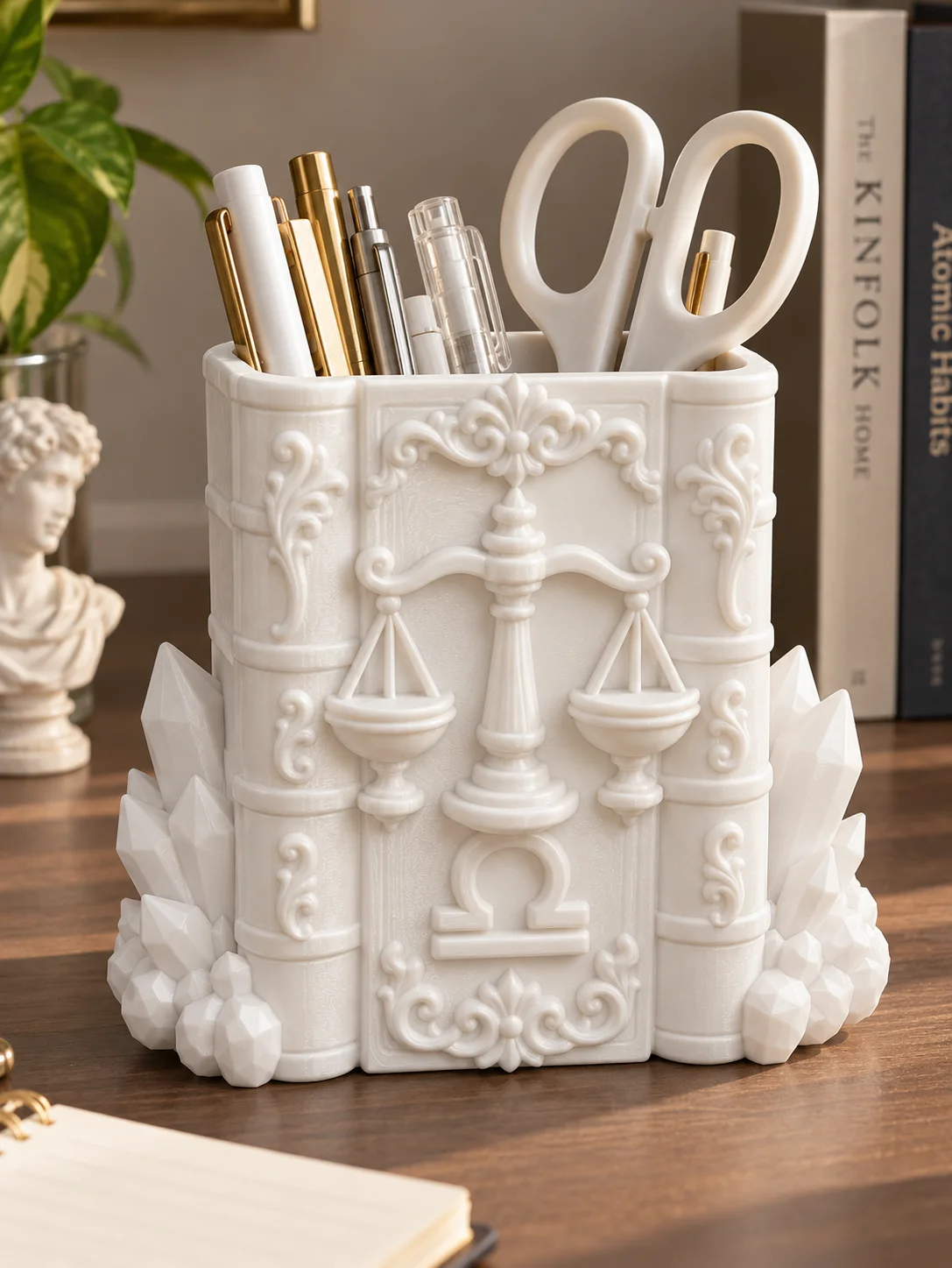 Matte White Libra Justice Balance Scale Book-Shaped Makeup Brush Holder French Baroque Luxurious Swirl Pattern Embossed Crystal Decorative Dressing Table Organizer Elegant and Luxurious Aesthetic Multifunctional Desktop Organizer Large Capacity with Wide Opening, Sturdy and Durable, Space-Saving Makeup Table Bedroom Room Warm Decoration Creative Exquisite Zodiac-Themed Gift for Girlfriends Birthday Housewarming