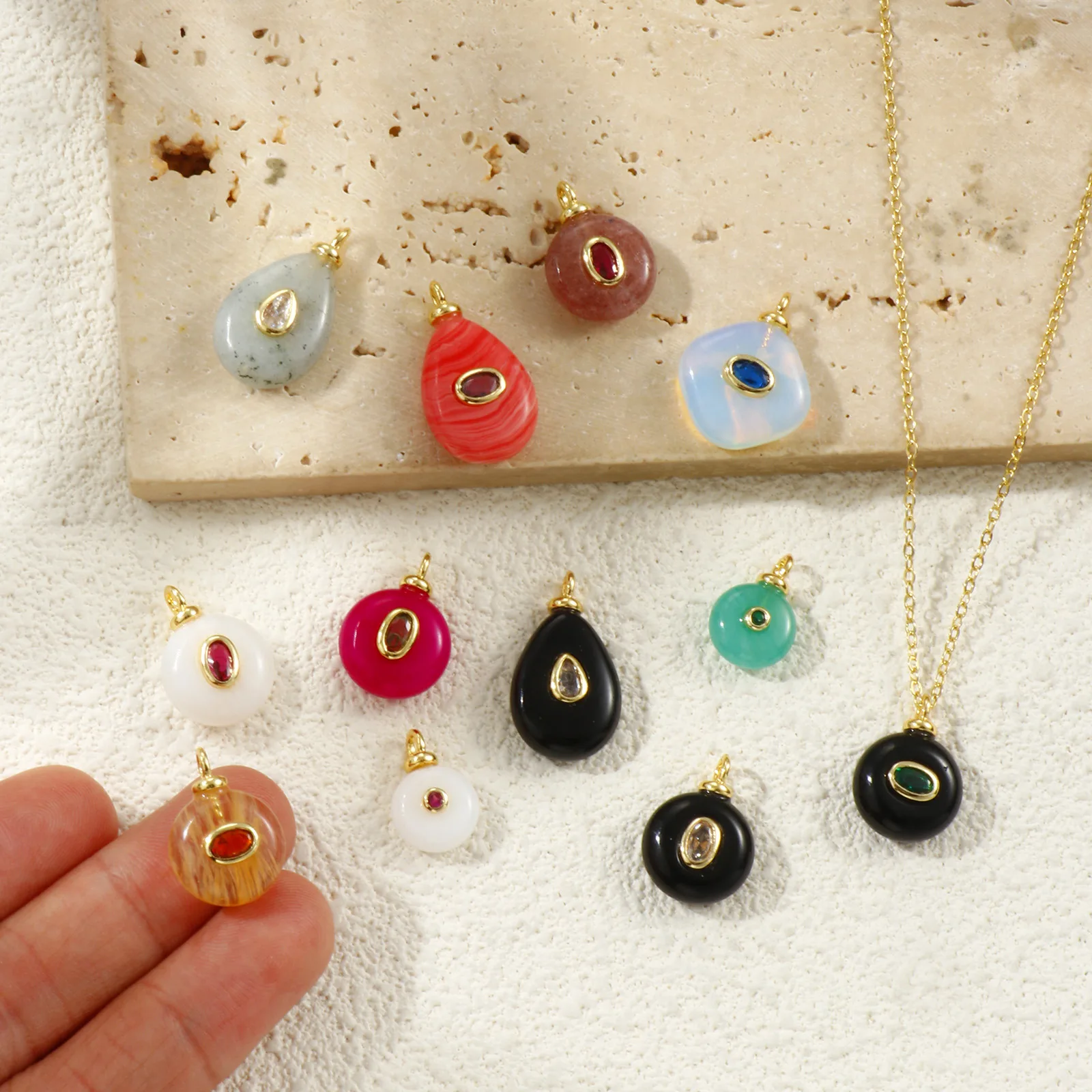 1 Piece Cubic Zirconia & Natural Stone Geometric Charms Round 18K Gold Plated Pendants For DIY Necklace Bracelet Jewelry Making