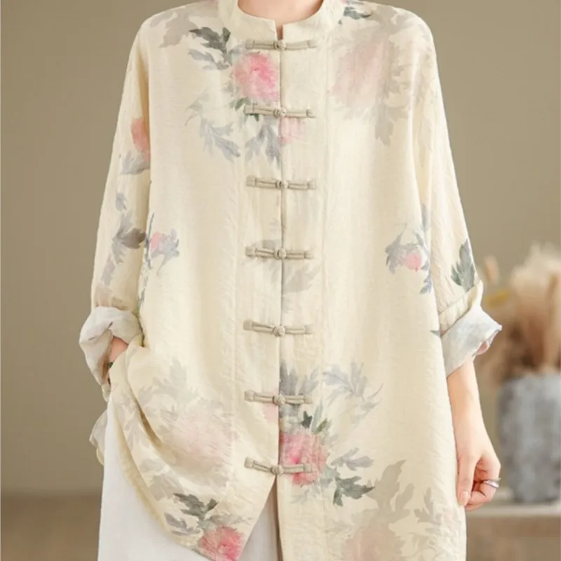 

New Chinese Style Women's Shirt Artistic Printed Mid-Length Lightweight Cardigan Top