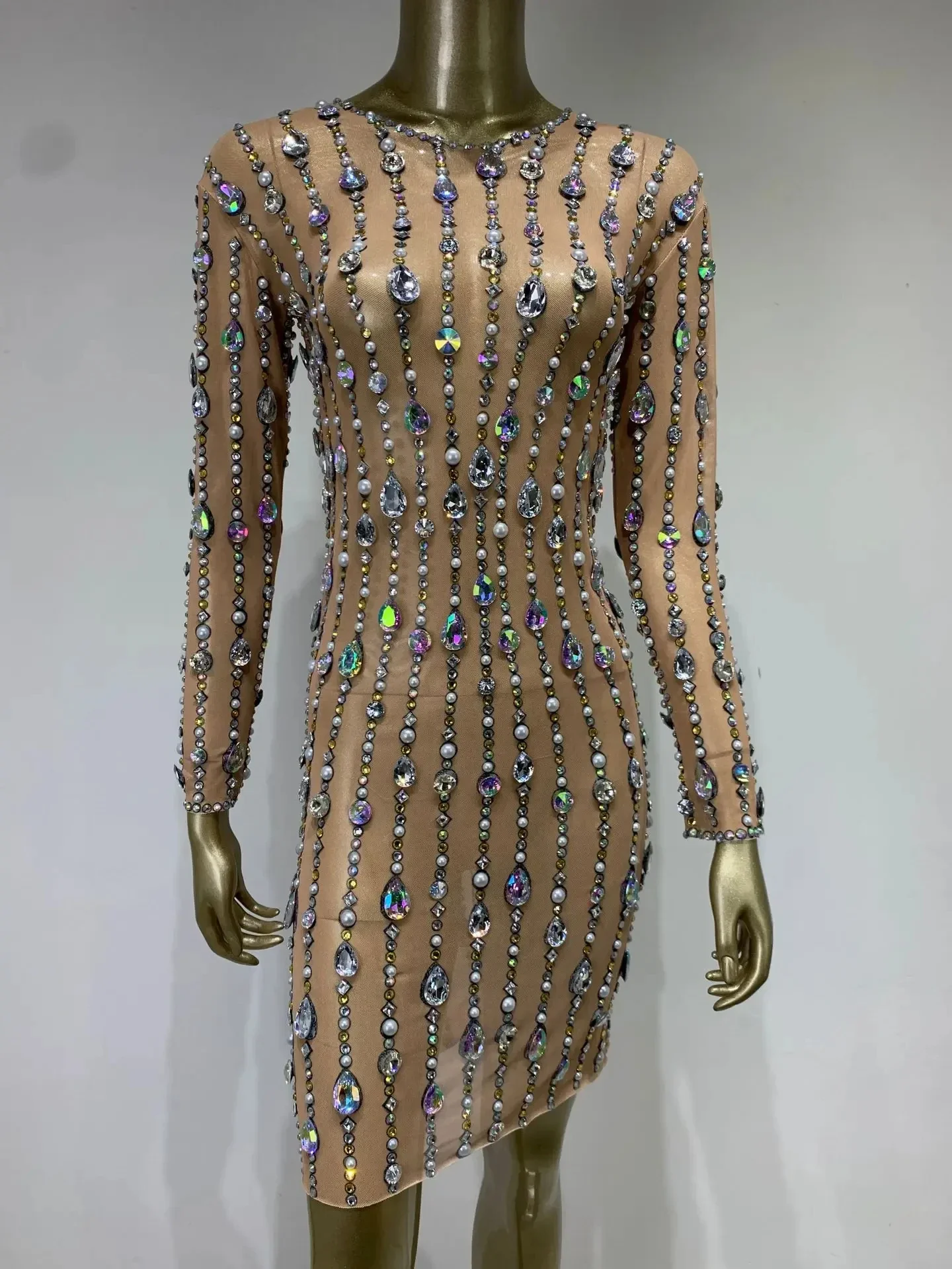 

Birthday Party Costume Bar Nightclub Stage Performance Clothing Stock Luxury Sexy Mesh Crystal Diamonds Beading Mini Dress