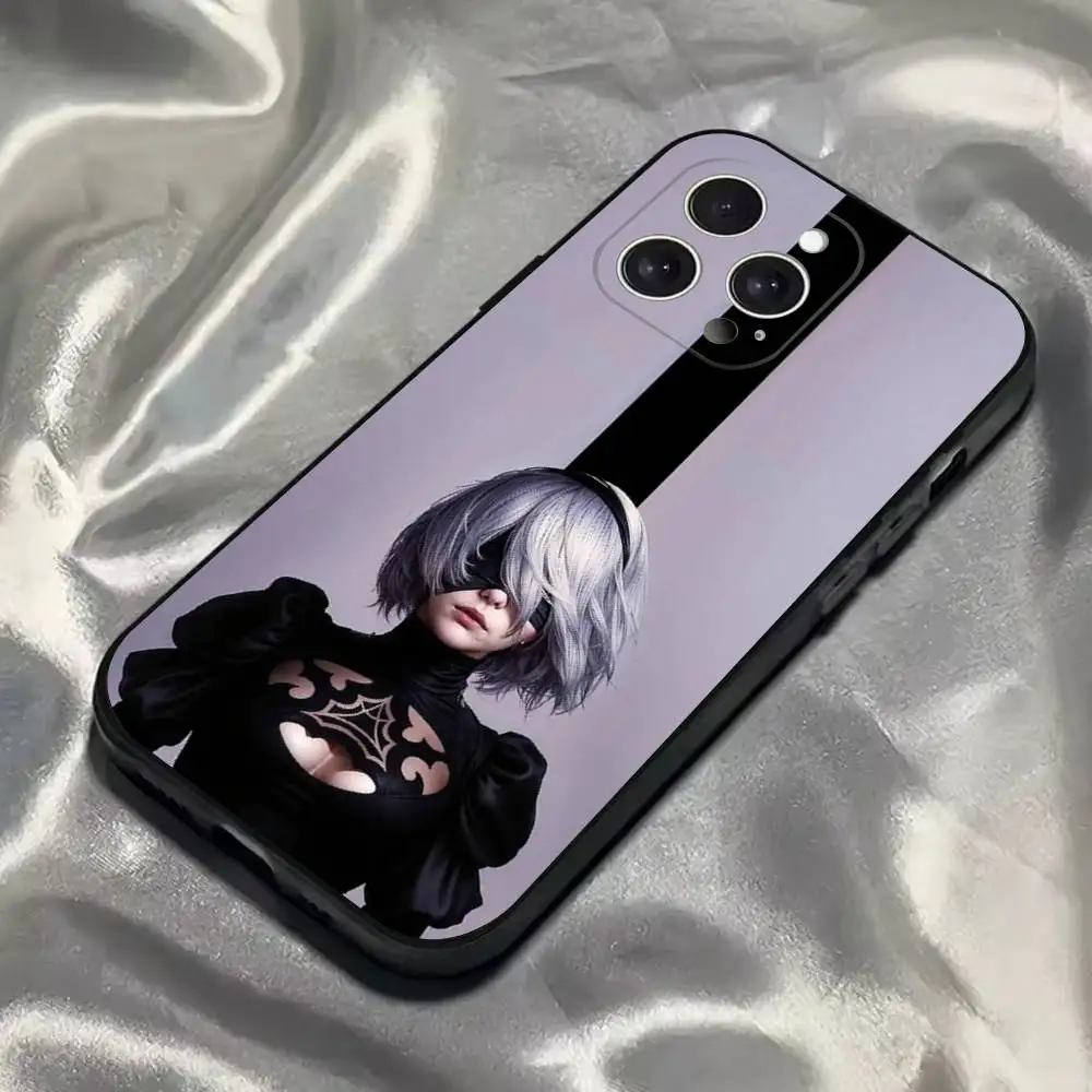 حافظة هاتف N-NieR A- Automata 2B لهاتف iPhone 16,15,14,13,12,11,Pro,Max,Plus,X,XS,SE4,E,Mini,Soft Black Case