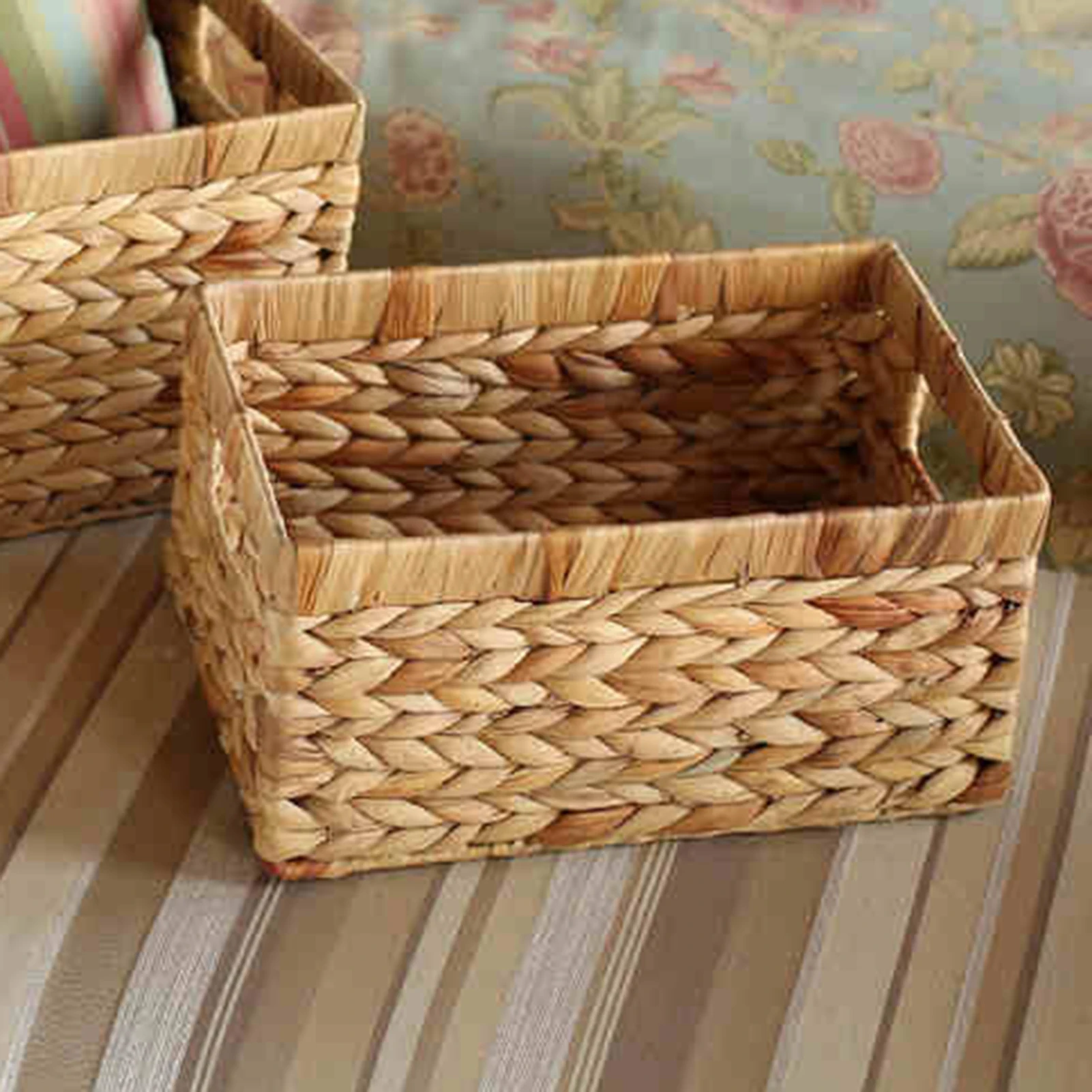 

Rustic Rectangular Woven Basket Convenient to Use with Sturdy Handles Design for Housewarming Festive Gift