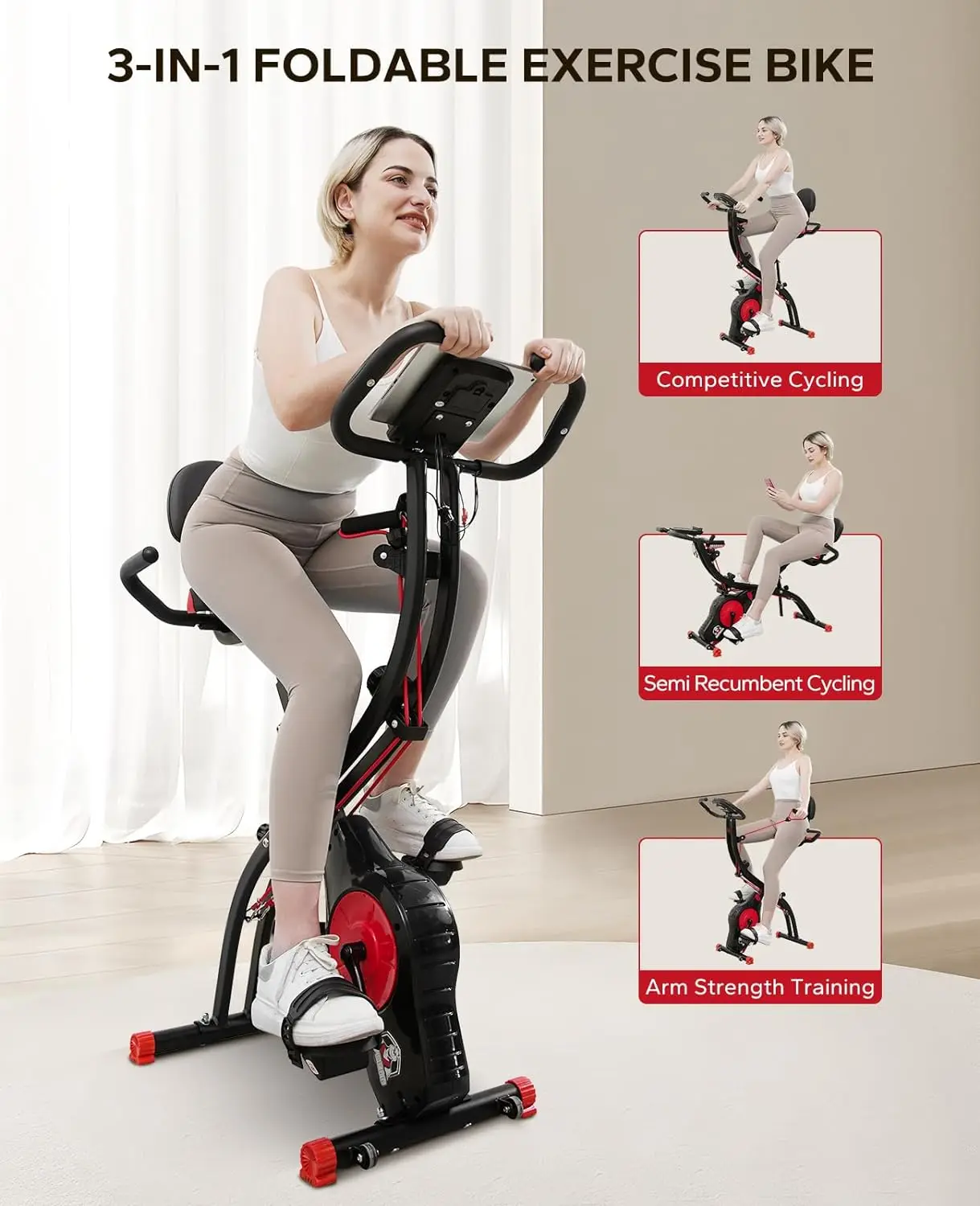 Folding Exercise Bike Magnetic Foldable Stationary Bike, 3 in 1 Mode Indoor Upright Fitness Workout X-Bike with 8-Level