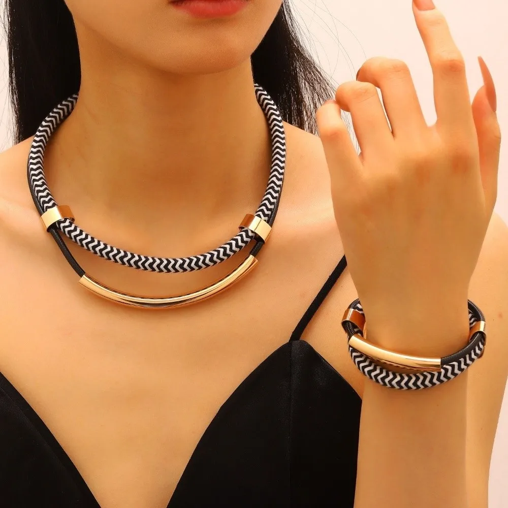 Exaggerated Hip-Hop Style Necklace Bracelet Set Double Line Black and White Metal Tube Jewelry Set Street Style Metal Material